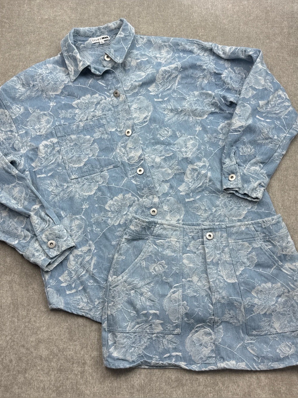 Fashion Nova Jacquard Denim Matching Set Skirt Shirt Blue Women’s Small